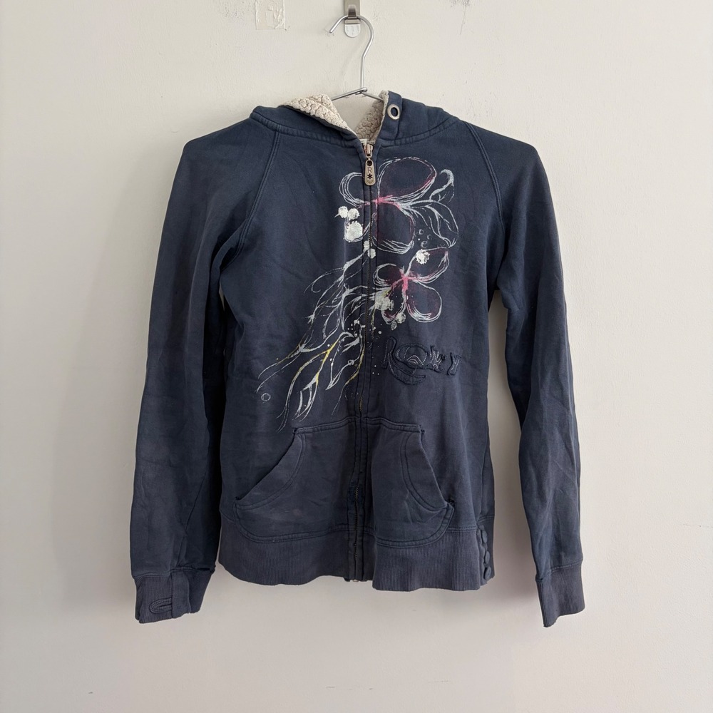 Roxy Womens Full Zip Hoodie Navy Blue Floral Sherpa Lined Hood Size Large